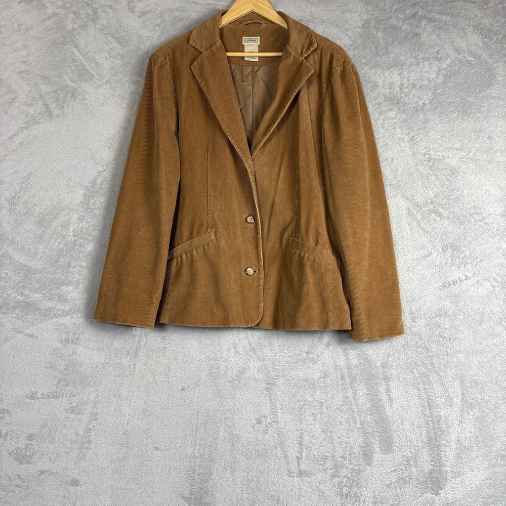 LL Bean Womens Corduroy Blazer Jacket Tan Brown Cotton Stretch Size 14 Regular